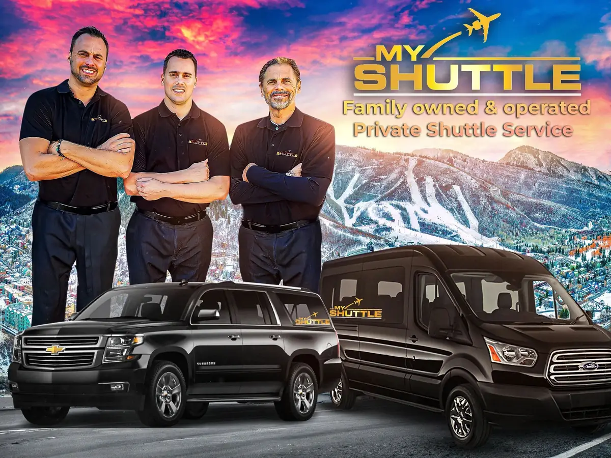 Three members of the My Shuttle team in branded shirts beside a black Chevrolet Suburban and a Ford Transit van, above a snowy Park City backdrop, captioned family owned and operated private shuttle service