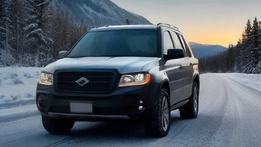 A dark SUV on a plowed snowy mountain road at dusk, evergreens and a ridgeline behind